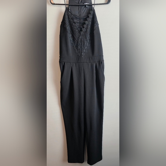 Express Pants - Express Black Lace V-Neck Wide Leg Jumpsuit | Dressy Evening Romper | Size S
